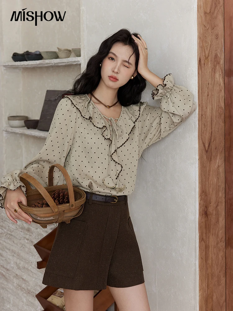 MISHOW Polka Dot Blouse Women Casual French Long Sleeve Top 2024 Fall Fashion Ruffle V Neck Shirt Outwear Office Lady MXD34X1668