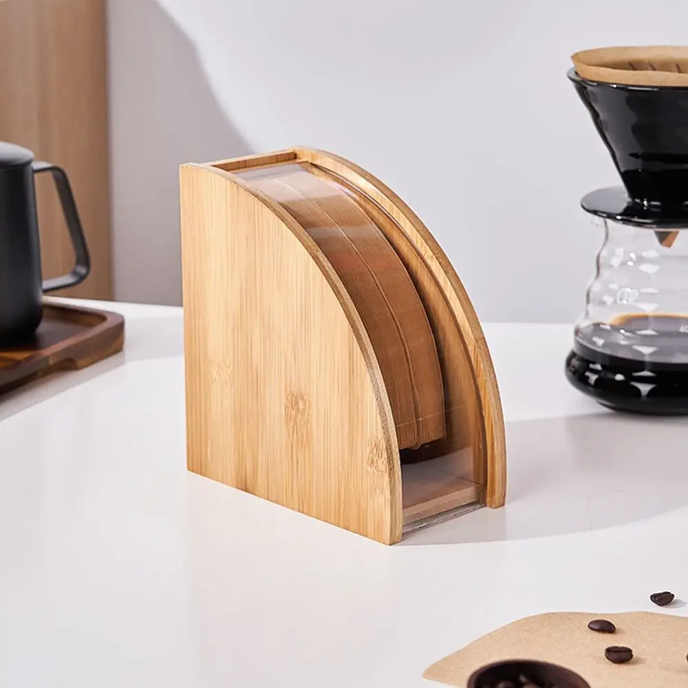 Dust-proof Coffee Filter Paper Holder Hand-operated Fanshaped Wood Filter Paper Box Space Saving Transparent Window