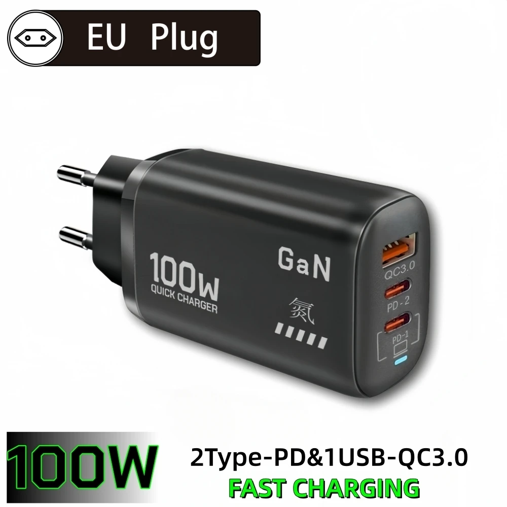 100W GaN PD Type C Charger USB QC 3.0 for Laptop IPad PPS Fast Charge EU for Samsung Xiaomi iPhone 17 16 15 Pro Max Mobile Phone