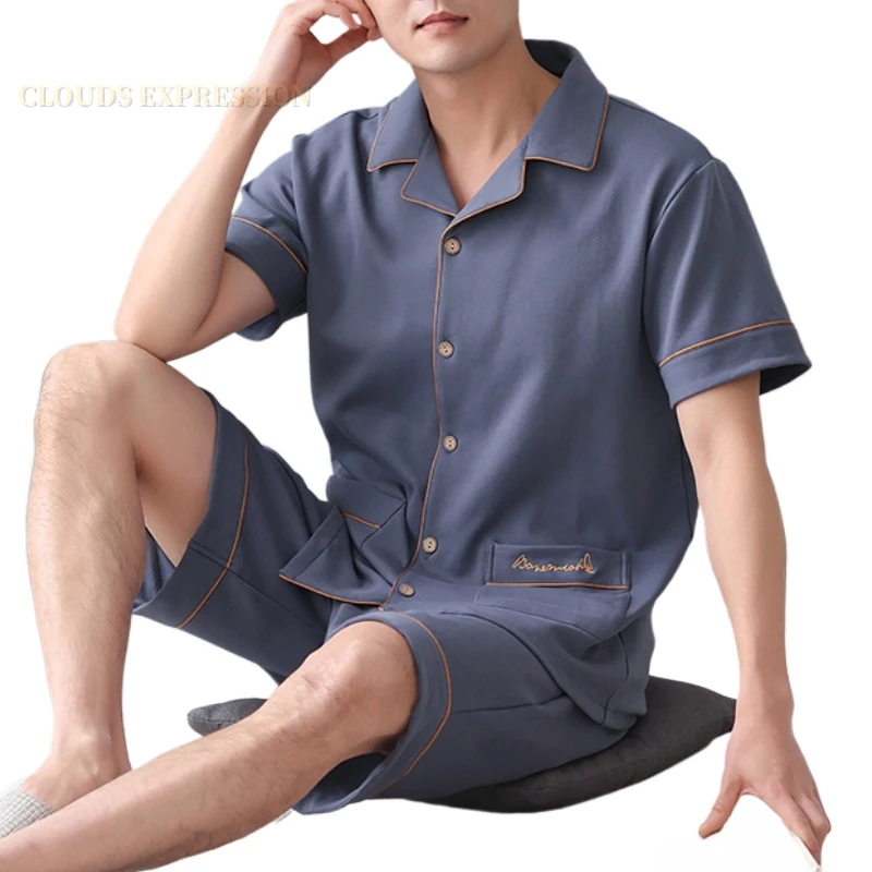 

Summer Plus 7XL Knitted Pjs Turn-down Collar Mens Pajama Sets Male Pajamas Plaid Loungewear Masculine Sleepwear Homewear Fashion