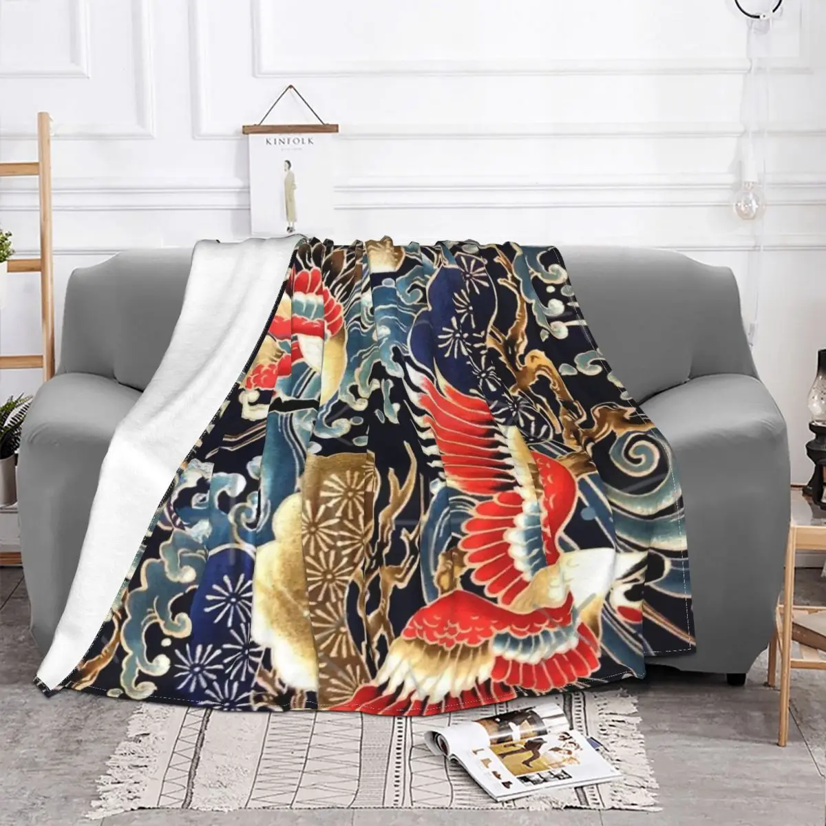 Japanese Flying Cranes Flowers Sea Waves Home Blankets Winter Blankets Home And Decoration Throw Blanket