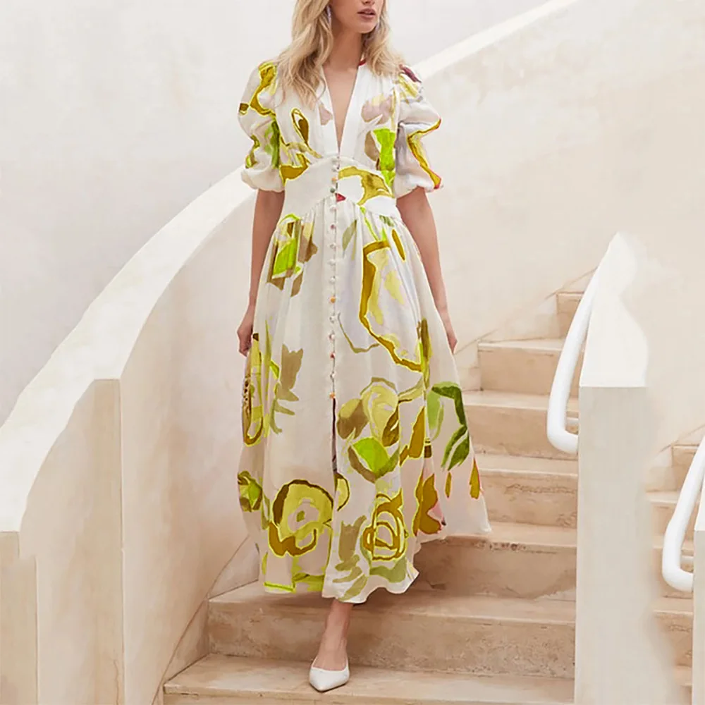 

2026 spring new women's beach dress slim-fitting pendulum four-sided elastic printing dress