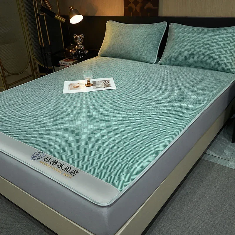 premium-antibacterial-ice-silky-soft-fitted-sheet-3pcs-set-striped-geometric-pattern-bed-cover-breathable-mattress-for-home