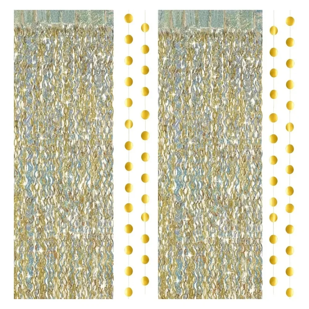 Gold Foil Fringe Curtain 4Pcs Shimmer Party Backdrop 4Pcs Champagne Gold Laser Wavy Foil Fringe Curtain with Golden Garland Wedding Birthday Party Photo Backdrop Decor 6