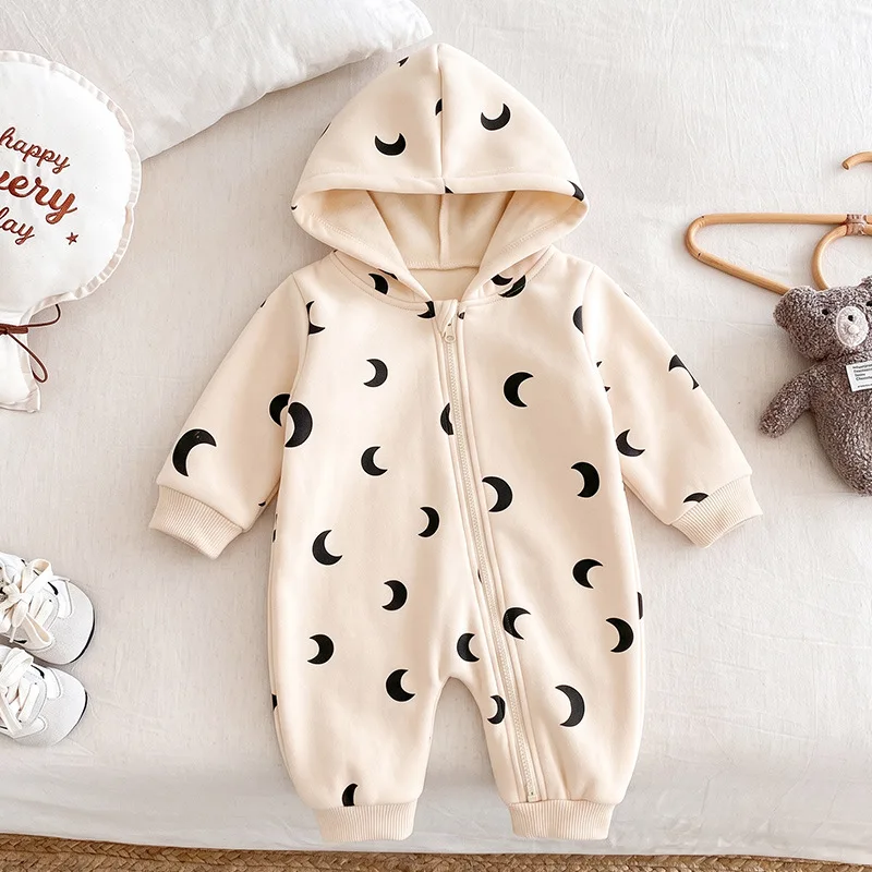 Baby Hooded Romper All Over Print Fall Childrens Wear Clothes Baby Long Sleeve Jumpsuit Stylish Versatile Zip Romper