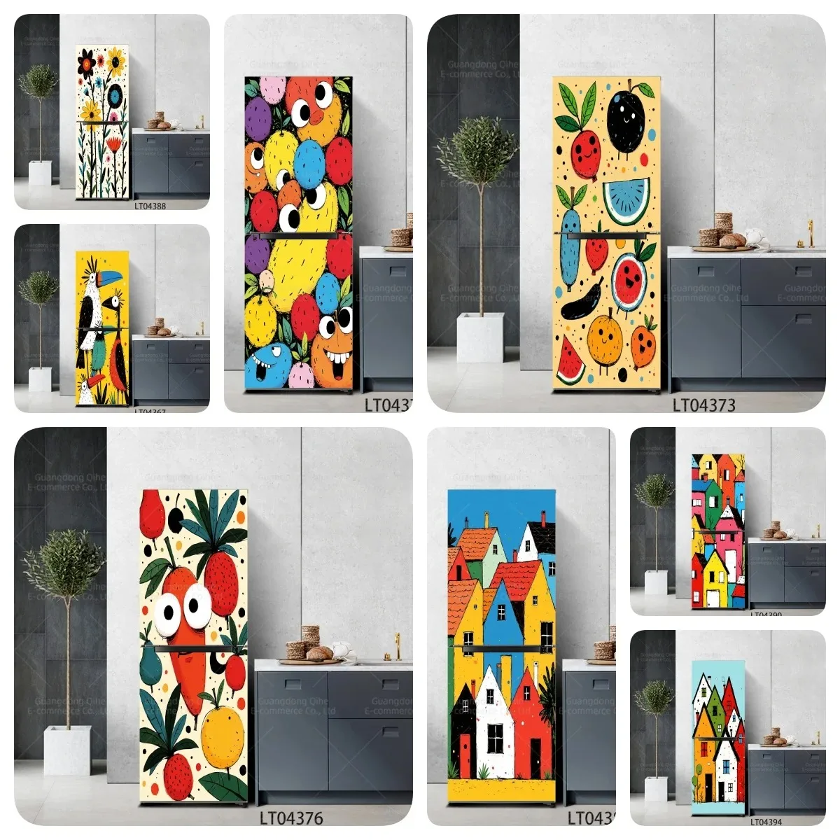 

Cartoon Cute Fruit Flower Bird House Refrigerator Door Sticker Waterproof Self-Adhesive Fridge Mural Wrap for Kitchen Home Decor