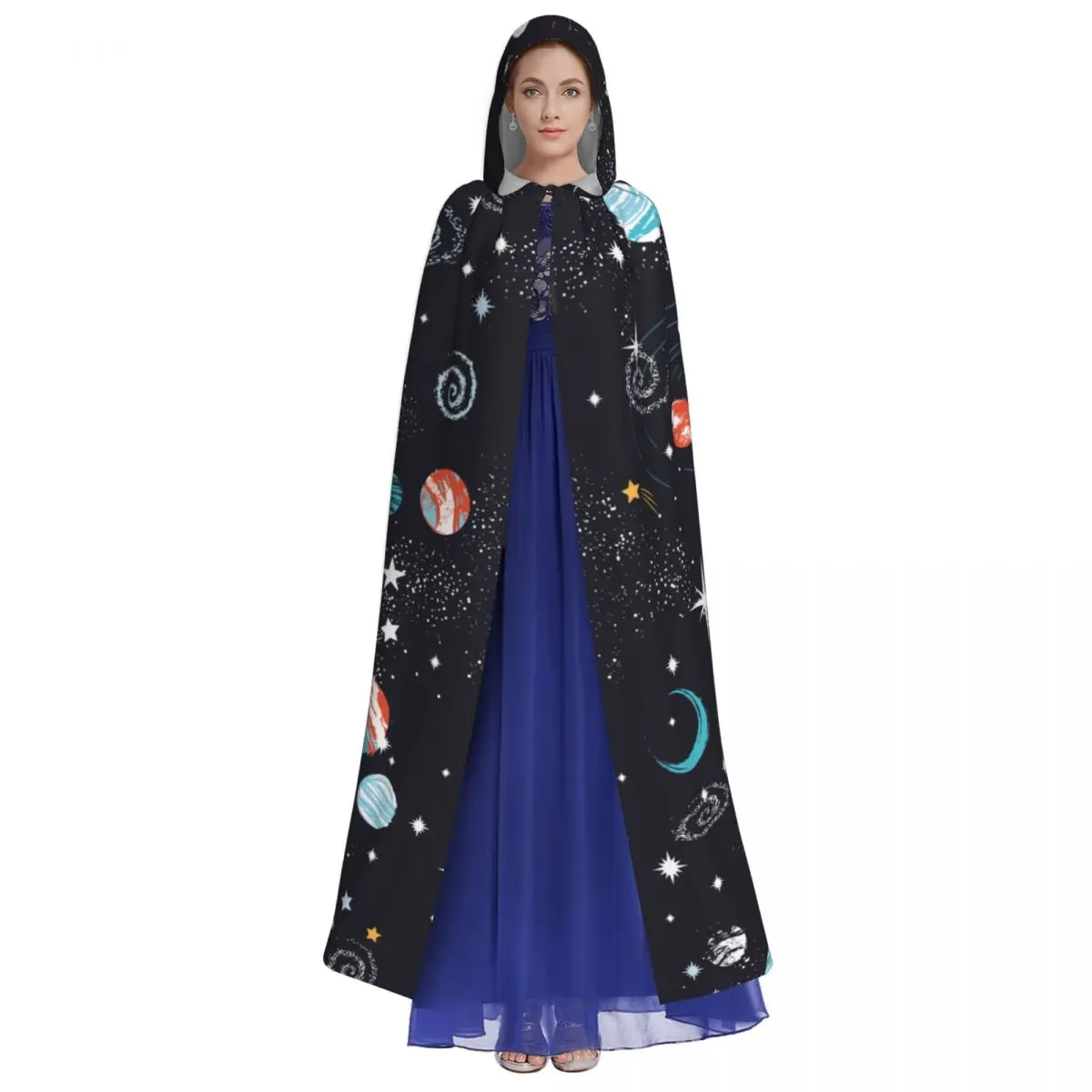 Adult Cloak Cape Hooded Space Galaxy Constellation Zodiac Star Medieval Costume Witch Wicca Vampire Elf Purim Carnival Party