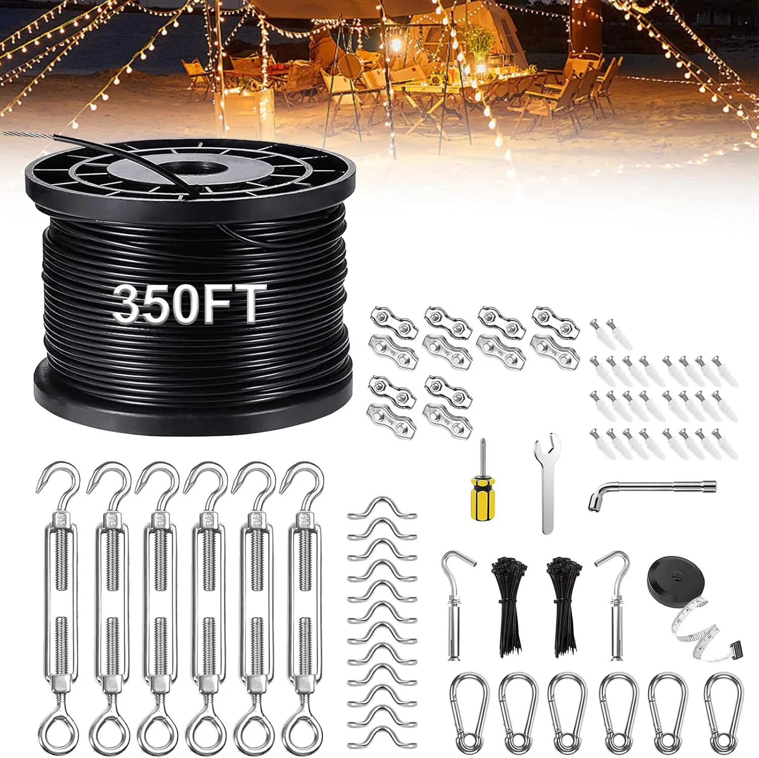 

Улучшенный комплект для подвешивания уличных гирлянд, 350-футовые шарообразные светильники с проводом из нержавеющей стали для свадеб и барбекю