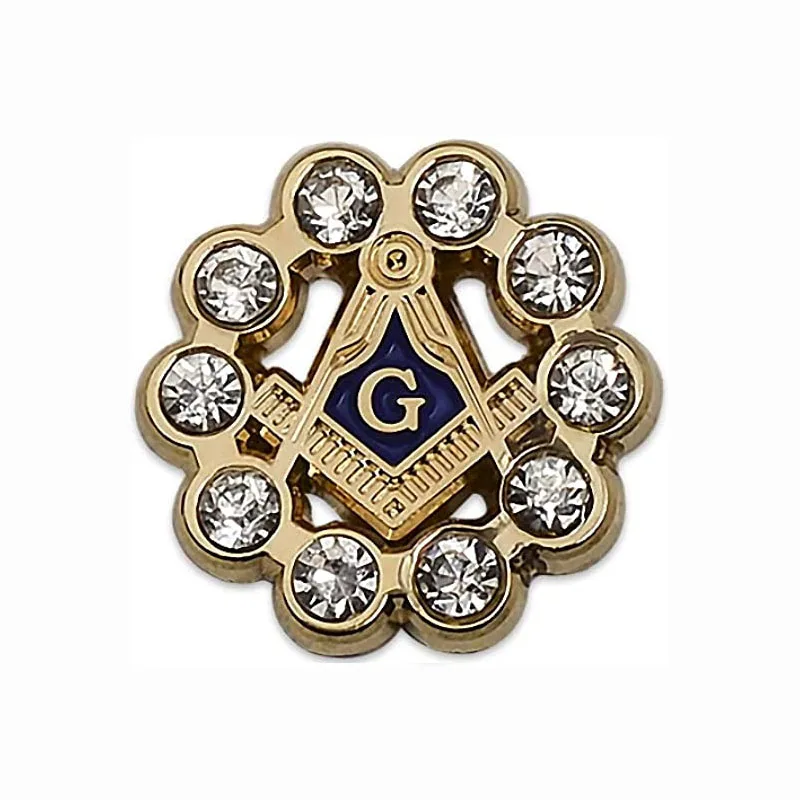 Masonic Square & Compass Lapel Pin with Double Layer Rhinestones, 0.6 inch