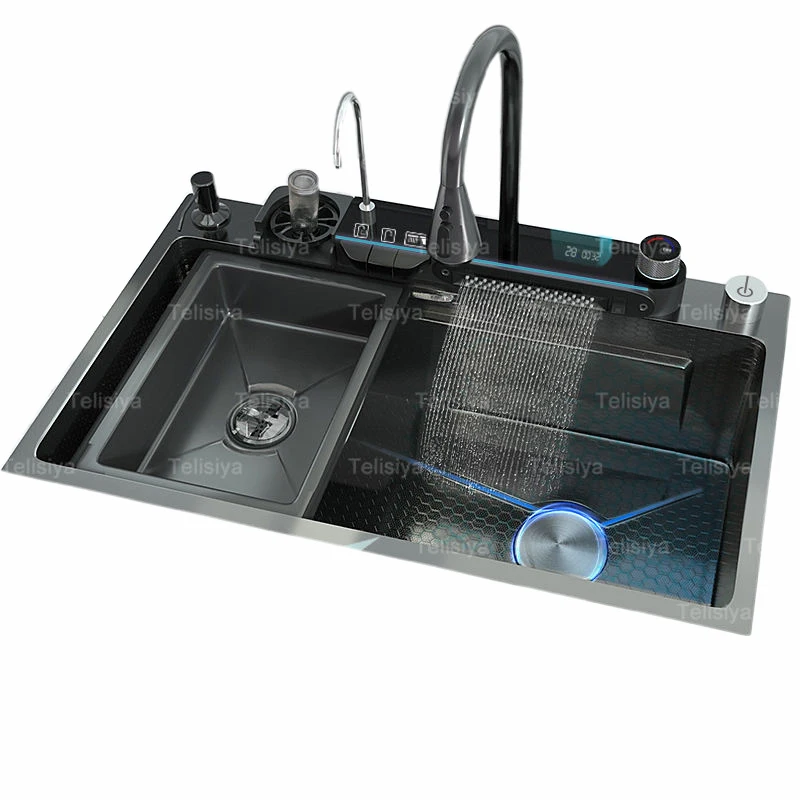 Luxury Black 304 Stainless Steel Large Bowl Kitchen Sink Digital Display Eco Friendly Dual Flush Cup Washer