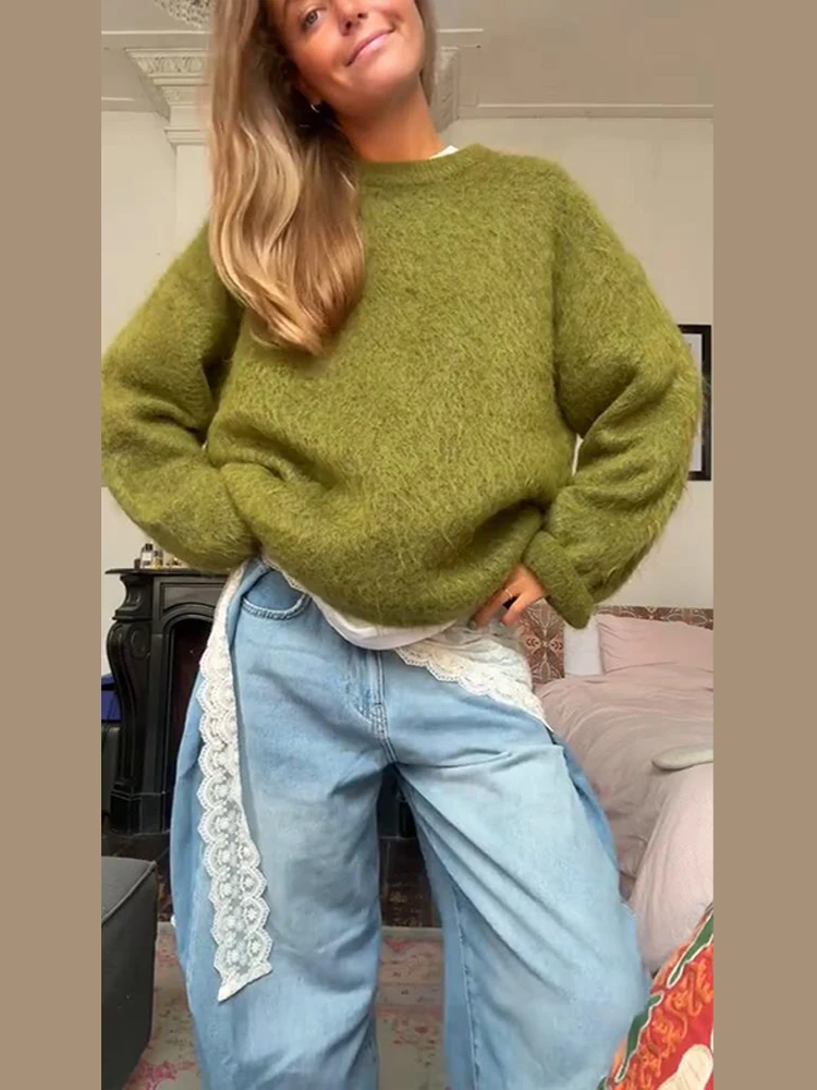 سترة نسائية محبوكة بقلنسوة غير رسمية متطابقة تمامًا مع سترة خضراء فضفاضة بأكمام كاملة وجيب للسيدات بلوفر نسائي للخريف والشتاء