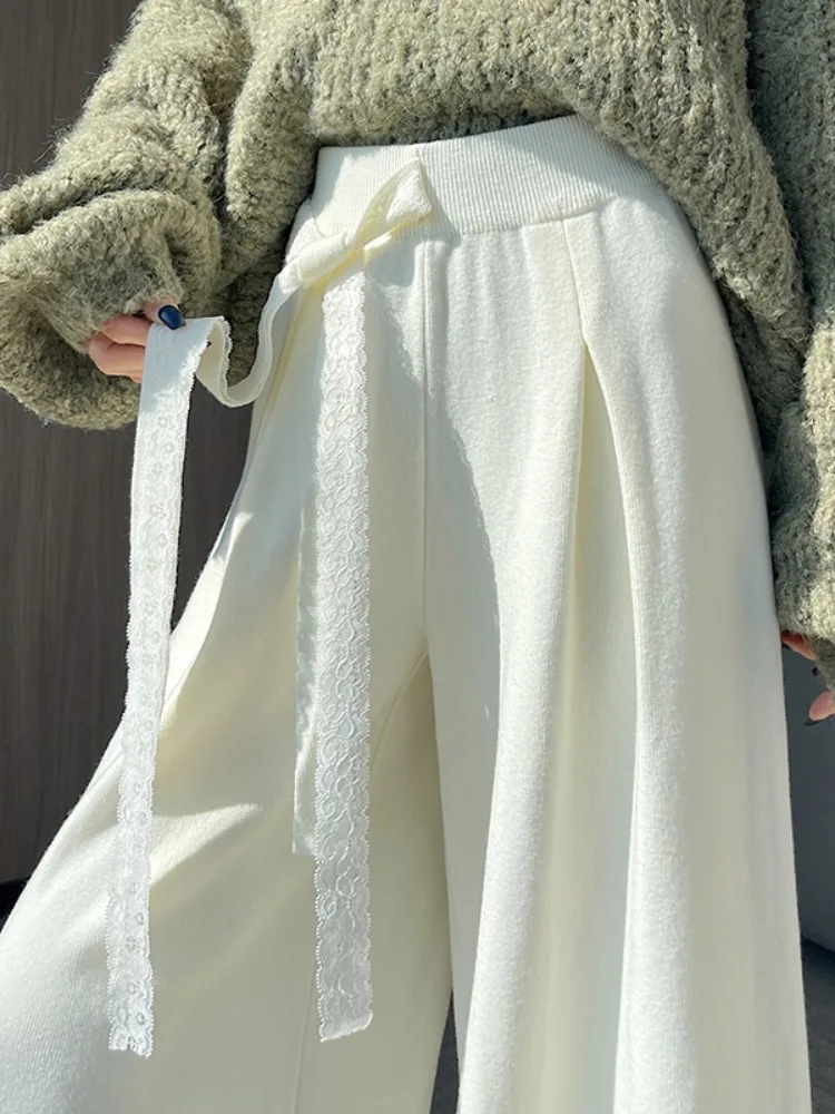 

Женские широкие брюки с высокой талией, кружевным узлом, мягкие, трикотажные, свободные, повседневные, в пол, для осени и зимы