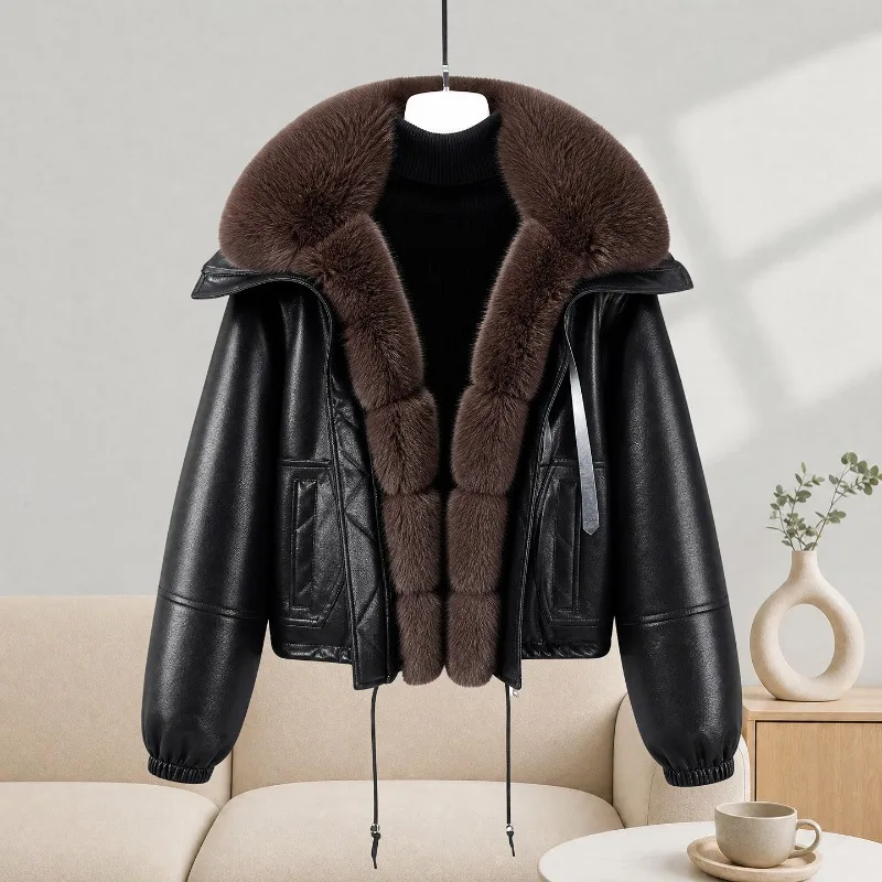 2026 Fashion Big Fox Fur Collar Winter Coat Women's Faux Leather Parkas Cotton-padded Jacket Thicken Warm Short Coats Outerwear