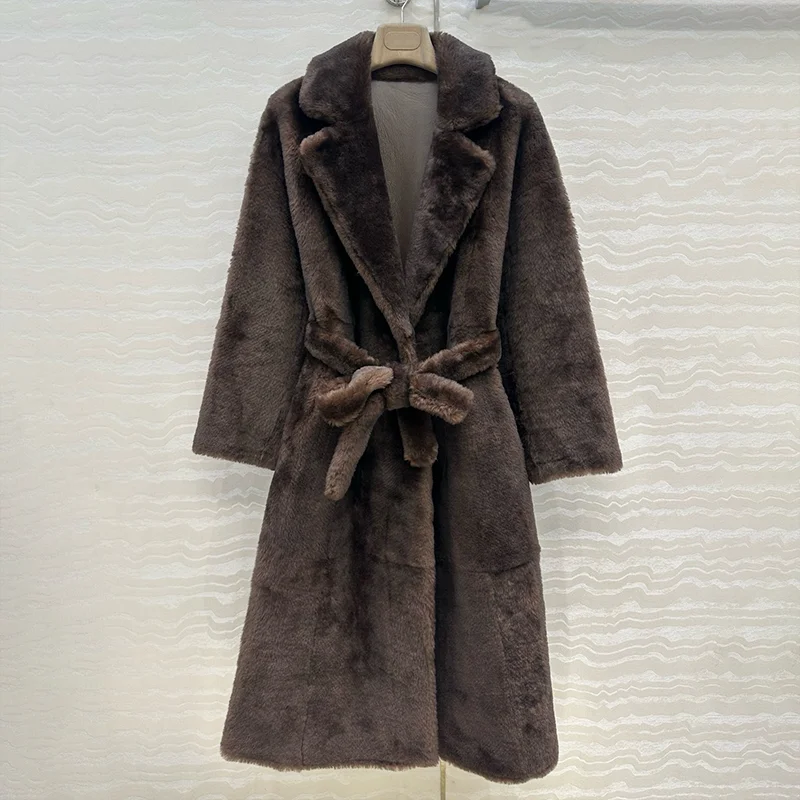 معطف صوف طويل للسيدات من الجلد الداخلي الأنيق على الطراز الكوري عالي الجودة مع ربطة خصر ملابس نسائية شتوية 25110804 #5