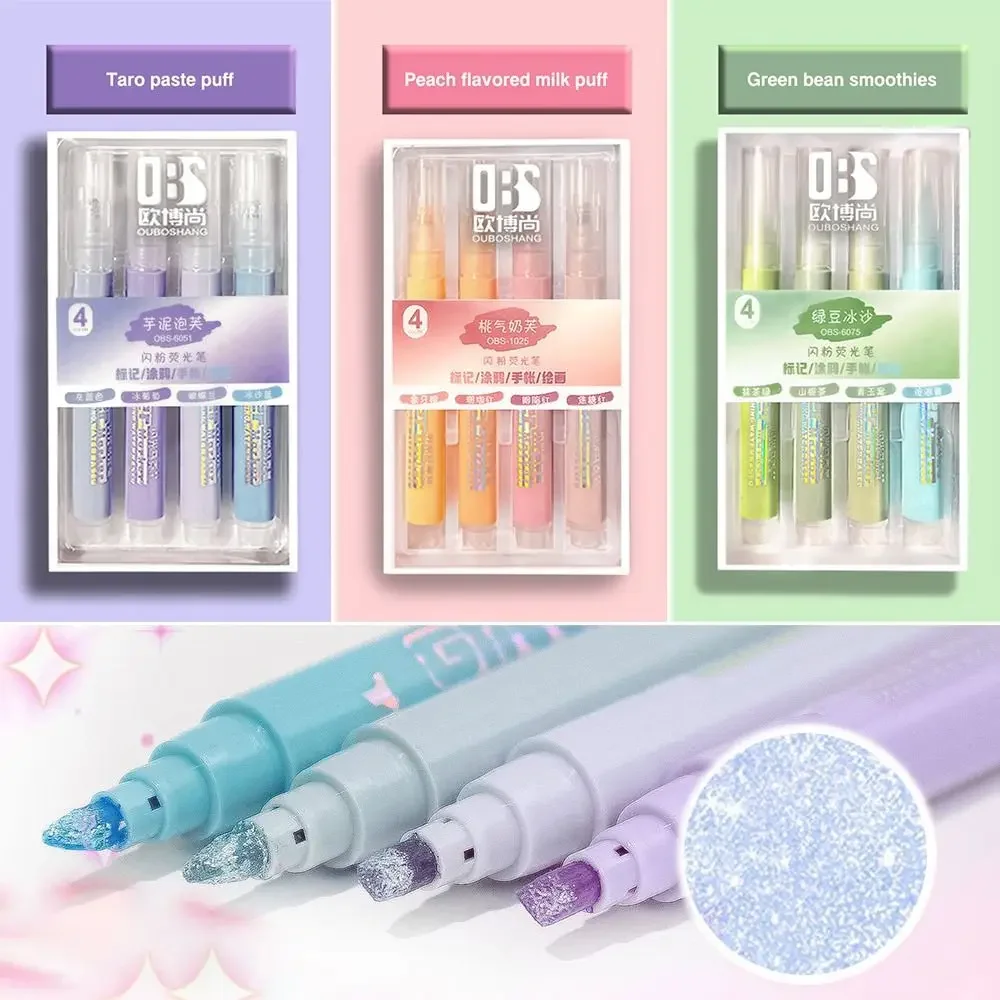 

4PCS/Set Glitter Highlighters Students Draw Doodle Pens Colorful Shiny Fluorescent Pen High Gloss Pen School Office Supplies