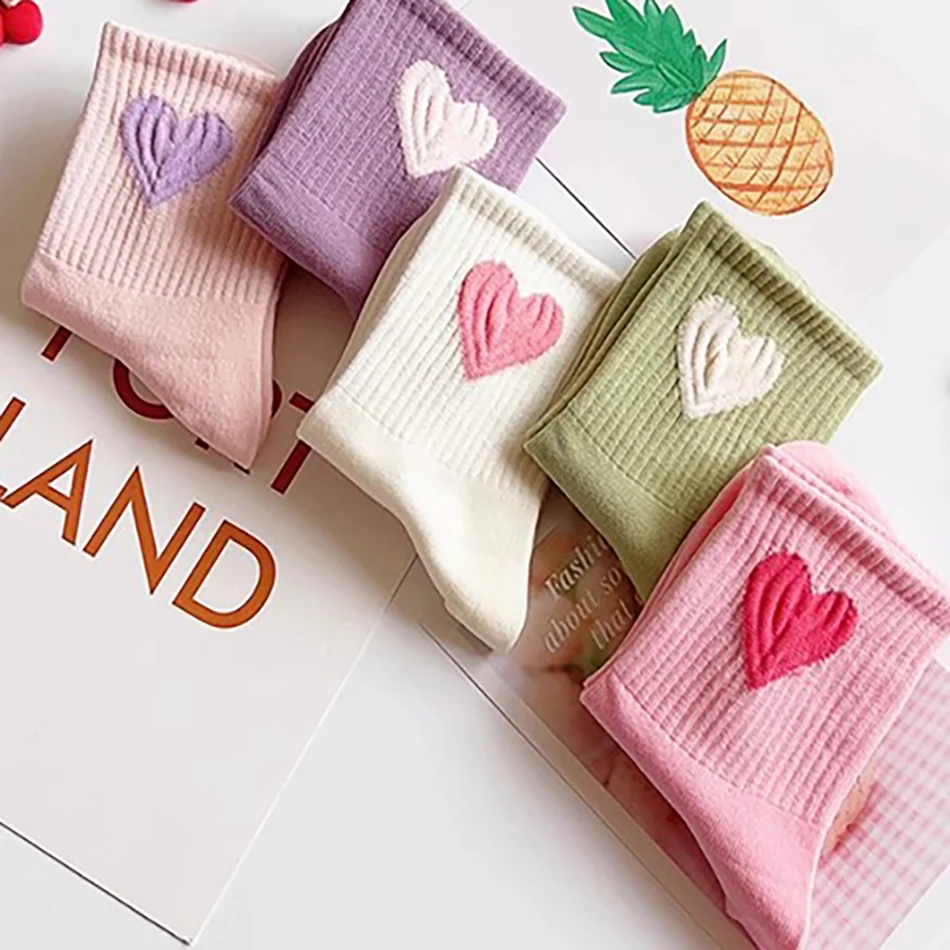 5 Pairs 2025 Summer New Girl Socks Autumn Solid Children's Stockings Kid Girls Spring Korean Style Love Pattern Middle Tube Sock