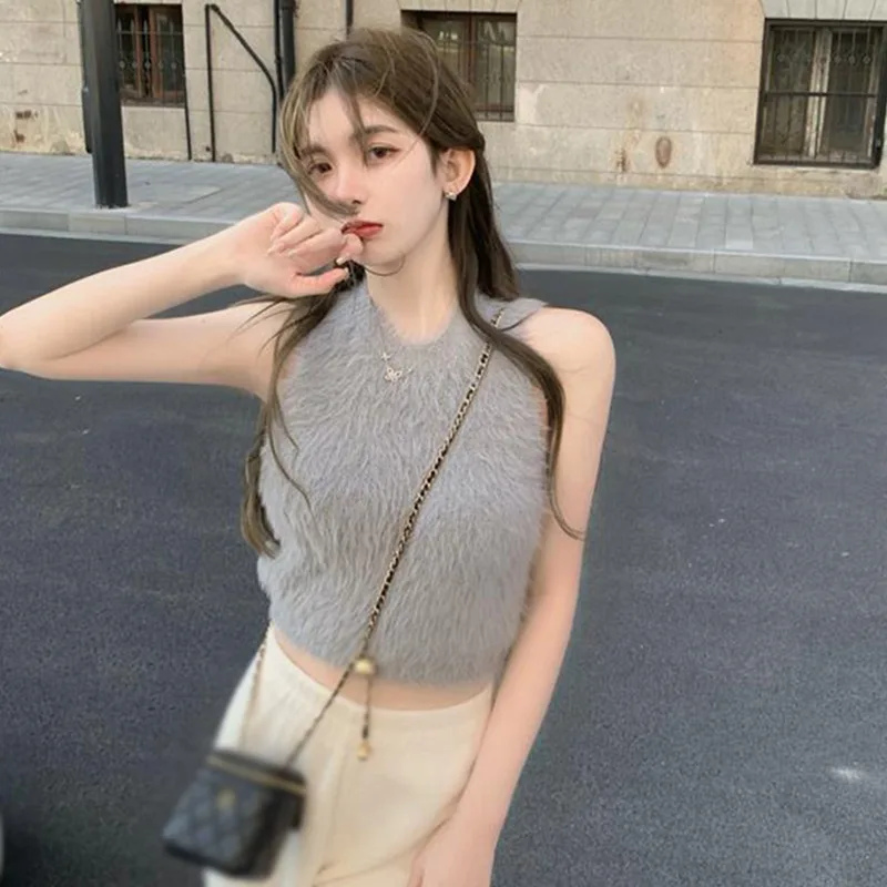 Women's Sleeveless Slim Hairy Tank Top Round Neck Outer Inner Wearable Korea Style Bottoming Crop Top