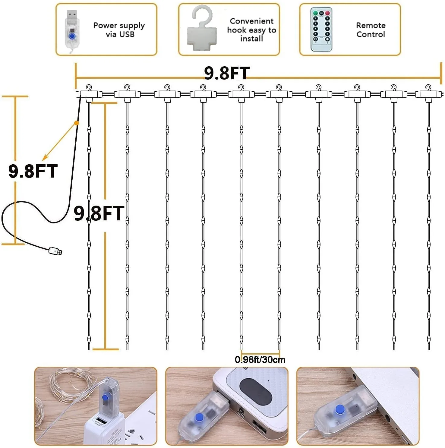 Рождественские украшения 2024 Светодиодный занавес Новый год 2024 Festoon Fairy Lights USB с пультом дистанционного управления 8 режимов 3 * 3M водонепроницаемая гирлянда для дома / свадьбы / Рождества / комнаты / спал