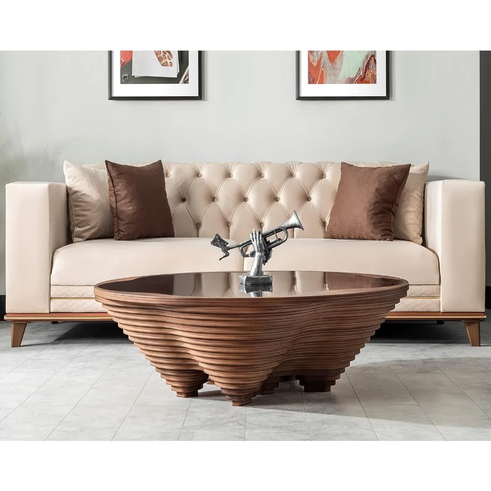 طاولة قهوة حلزونية خشبية بتصميم بابيلا - طاولة مزخرفة حديثة وأنيقة مع سطح زجاجي، تصميم خشبي مصنوع يدويًا - مثالية