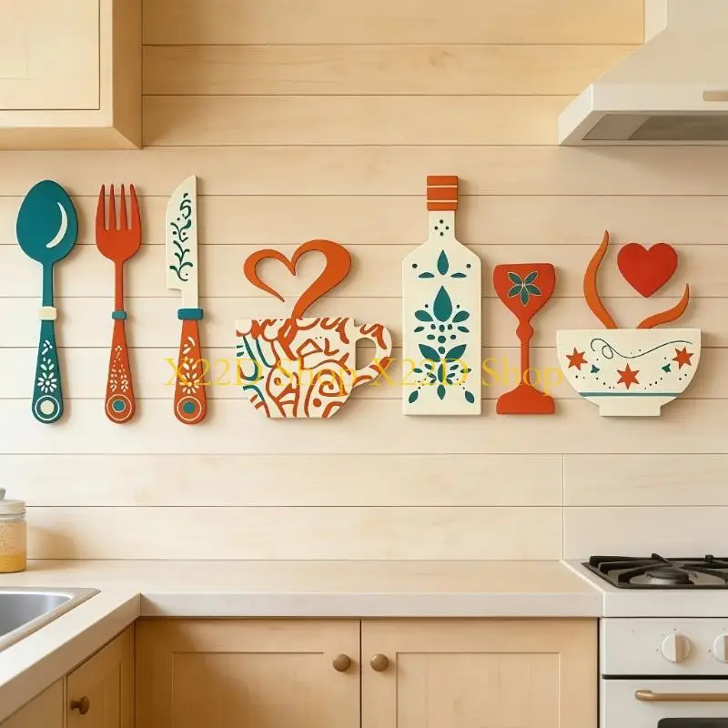 X22D Kitchen Utensil Wall Art Sticker 7Pieces Wall Decors for Farmhouse Room