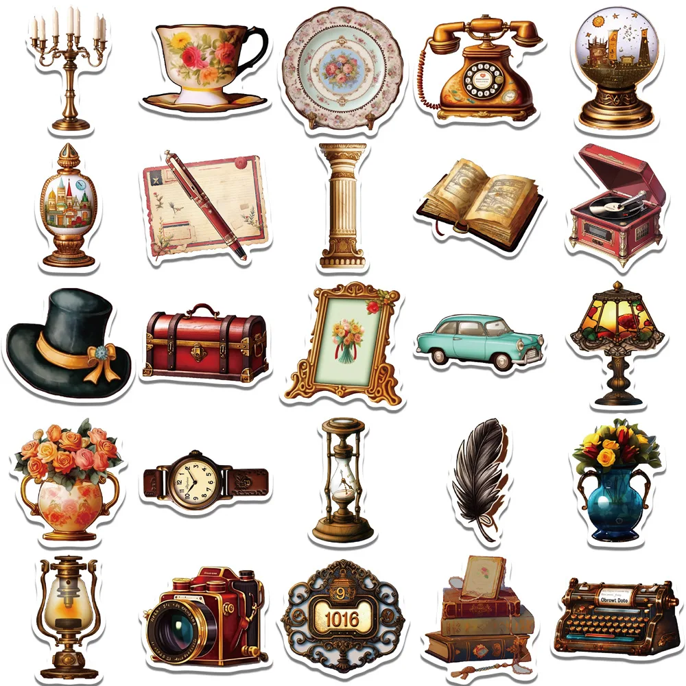 10/25/50pcs Aesthetic Retro European Old Things Stickers for DIY Decor Stationery Suitcase Water Bottle Phone Laptop Scrapbook