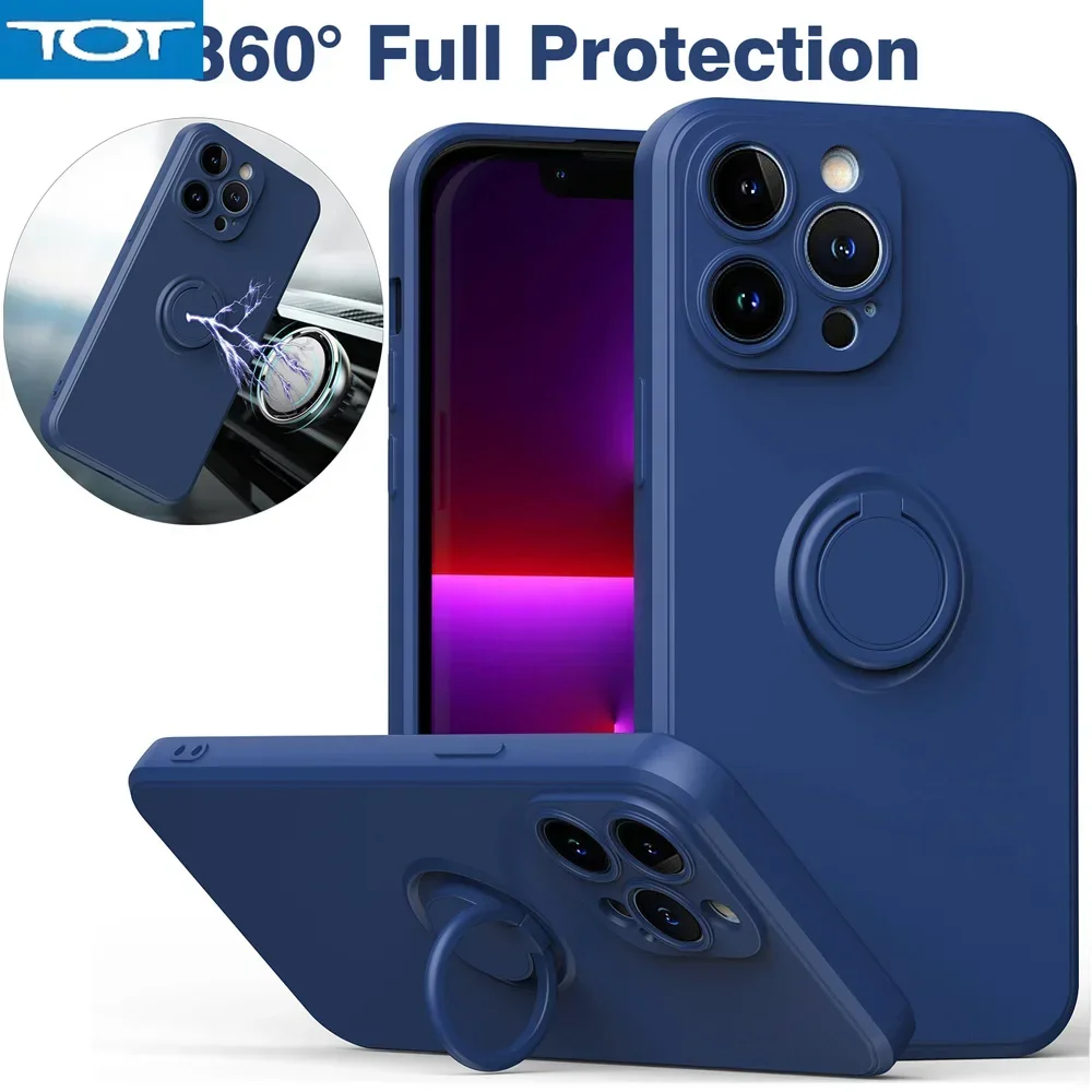 Funda con soporte de anillo magnético de silicona de color sólido para iPhone 15 11 12 13 14 16 ProMax cubierta suave para dedo con soporte 14plus 15plus 16plus