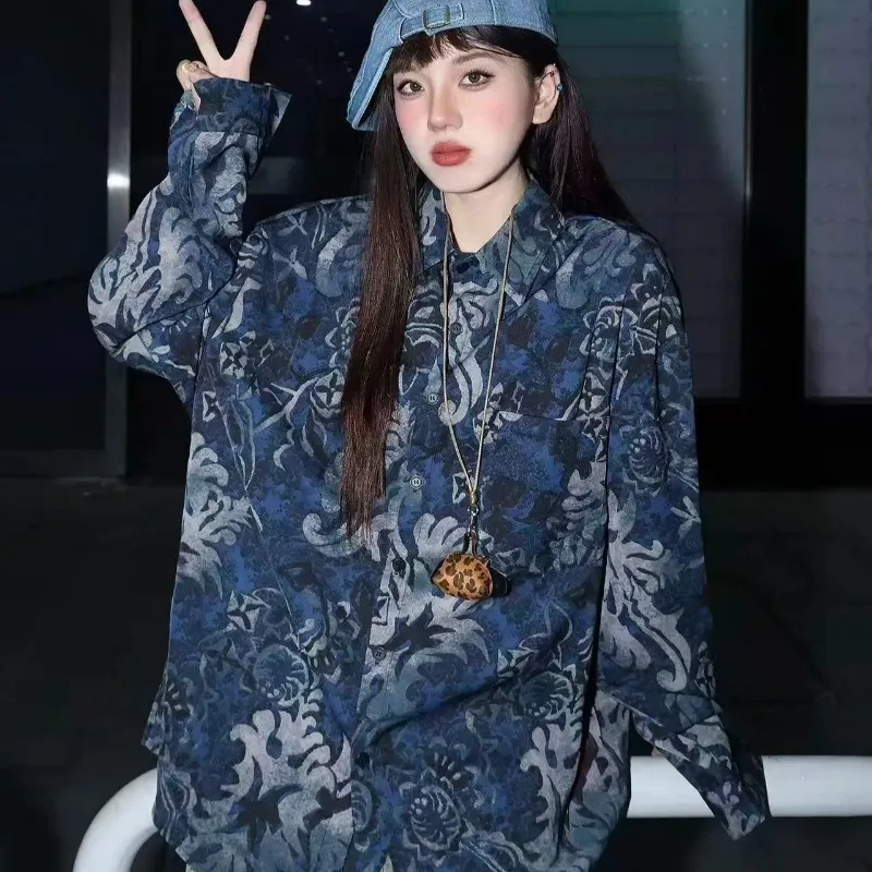 Women's New Chinese Style Blue and White Porcelain Print Long Sleeve Shirt Oversized Vintage Blouse
