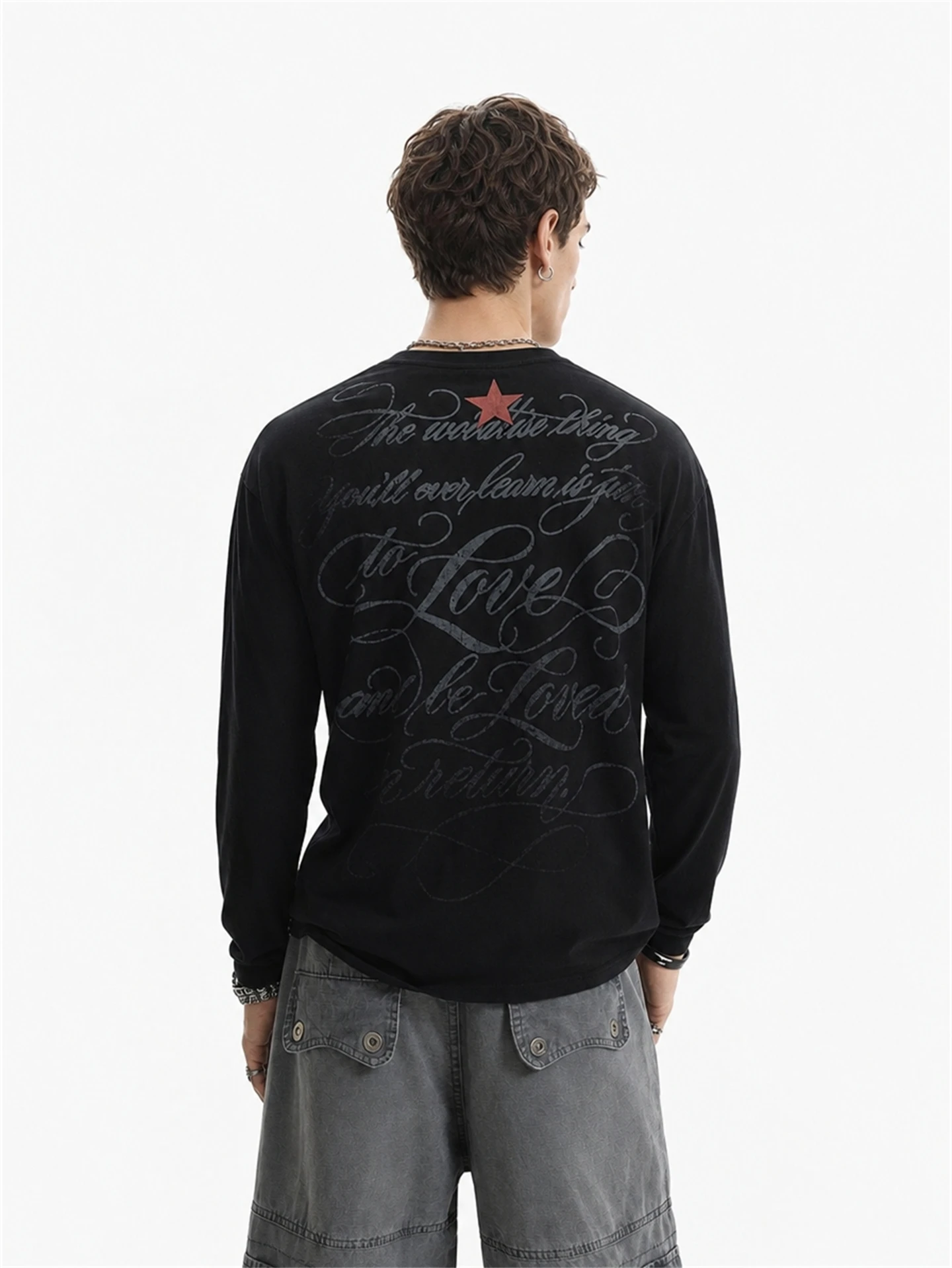 BETEBULE American High Street Portrait Print Lazy Style Trendy round Neck Long Sleeve T-Shirt Men Autumn Star Printed Top