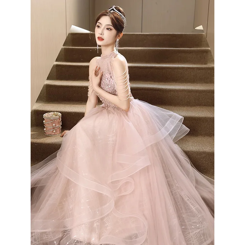 DSP Elegant A Line O Neck Tulle Prom Dresses 2024 Luxury Beading Evening Party Dress with Appliques Formal Dress for Woman