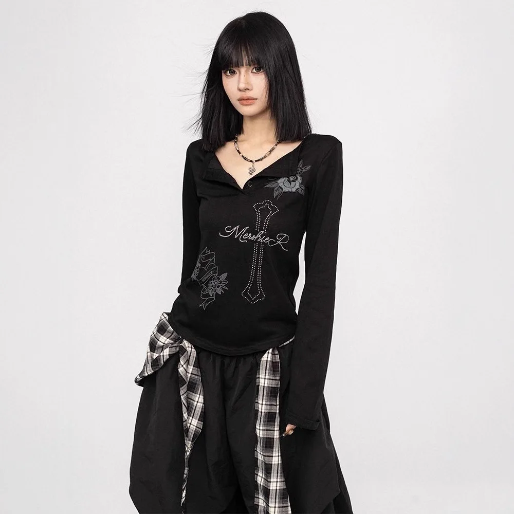 

Punk Women's Long Sleeve T-shirt 206 Spring Autumn Gothic Rhinestone Long Sleeve T Shirt Slim V Neck Punk Casual Versatile Top