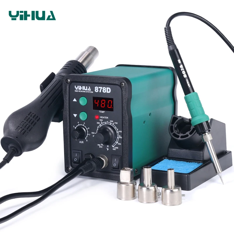 YIHUA 878D 2 في 1 مكافحة ساكنة درجة حرارة ثابتة شاشة ديجيتال مصلحة الارصاد الجوية مسدس هواء ساخن سبيكة لحام محطة لحام