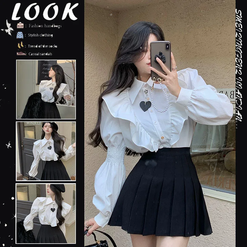 

2025 Spring Elegant Women Ruffled Shirt Turn Down Neck Long Puff Sleeve Slim Blouse Office Ladies Solid Button Up Shirts Tops