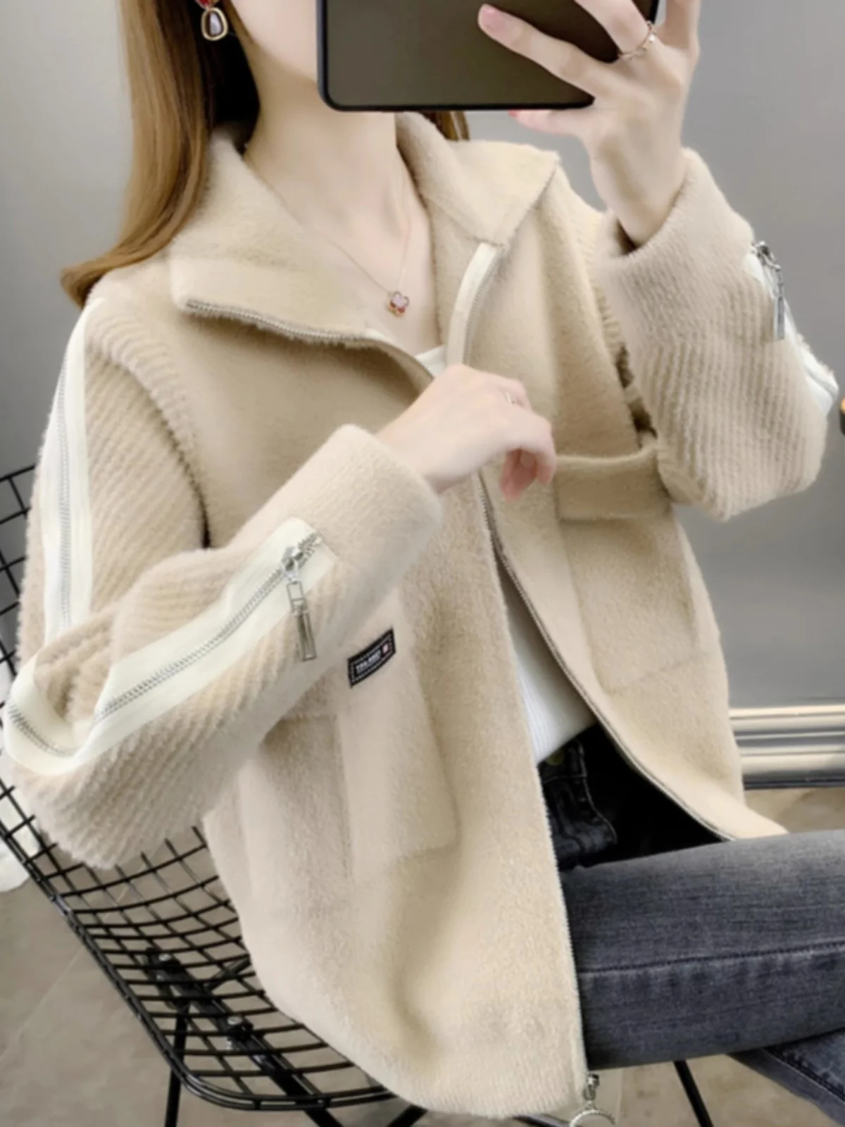 

Waterproof Mink Knitted Sweater Coat Women's Spring Autumn Thiened Loose ort Zipper Knitted Open Cardigan Korean Sle