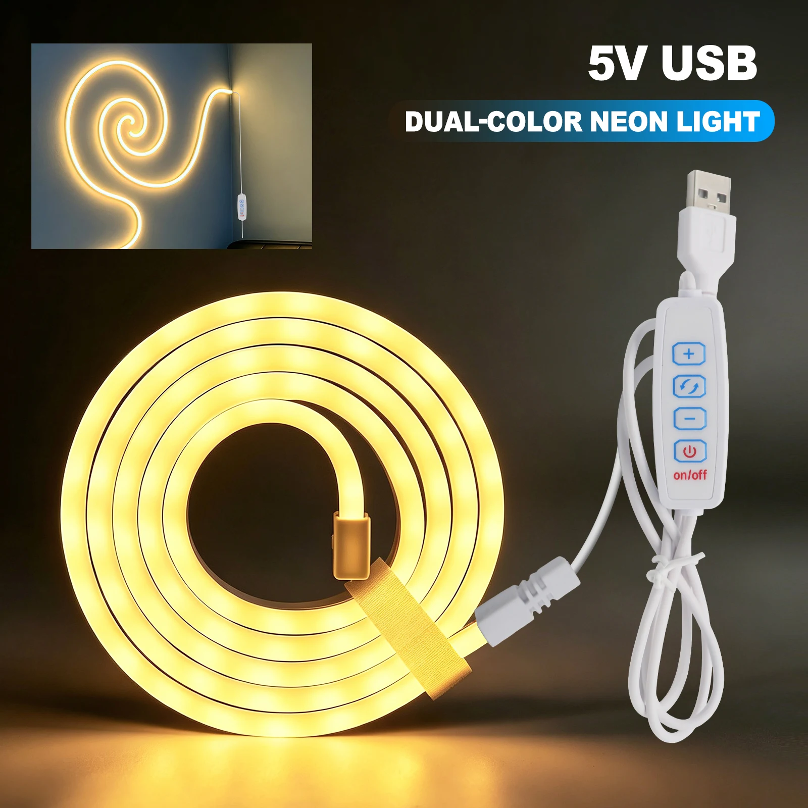 5V USB Neon LED Strip with 4Key Controller 2835 90LED/m Dual Color Cool+Warm White Silicone Rope Light