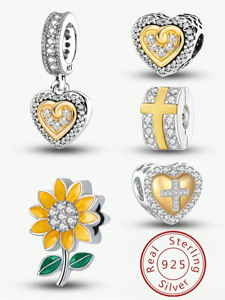 925 Sterling Silber Liebesherz-Sonnenblumen-Charms-Perlen passen für DIY-Armbänder und Armreifen, hochwertiges Schmuckgeschenk für Frauen.