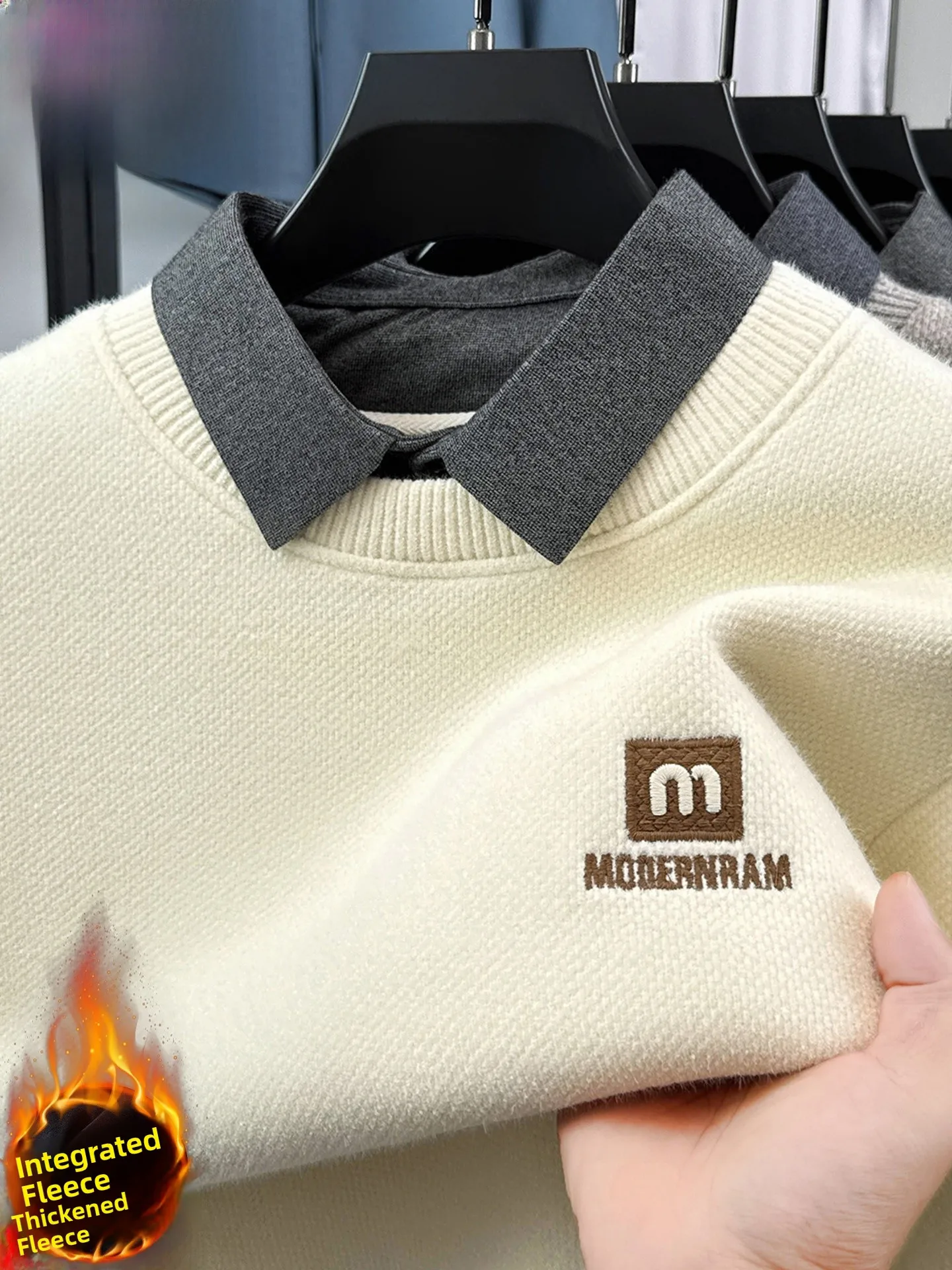 

Мужской вязаный свитер с эффектом двухслойности, утепленный флисом, с воротником-стойкой, теплый, для повседневной носки, модный, в городском стиле, зимняя одежда