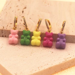 Fashion Colorful Resin Bear Earrings For Women Shiny Rhinestone Animal Circle Hoop Earring Girls Bijoux