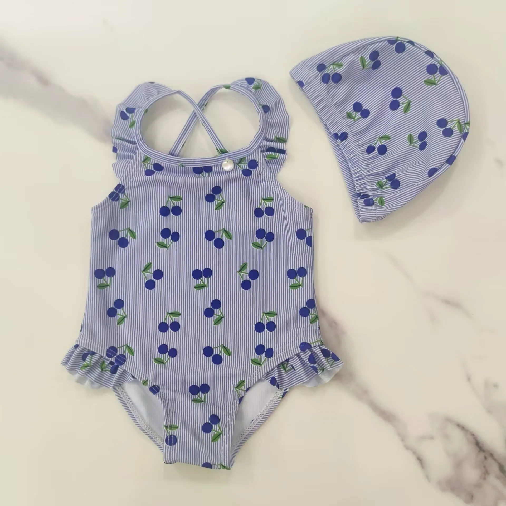 

Лето 2029, новый цельный купальник с синим вишневым принтом, одежда для купания для девочек, тонкие дышащие детские купальники