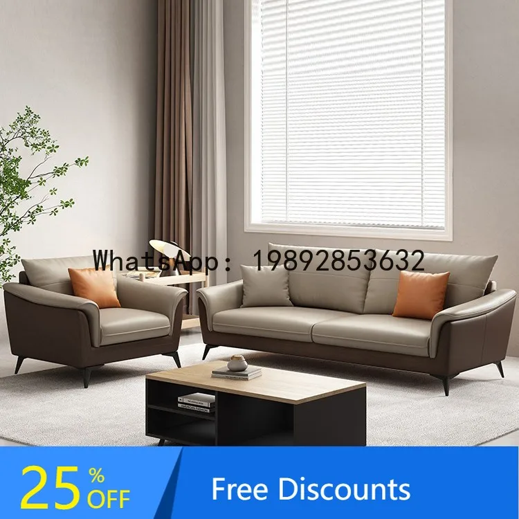 CZ Genuine Leather Sofa and Coffee Table Set Simple Modern Office Reception Meeting Discussion Straight Row Three-Seater