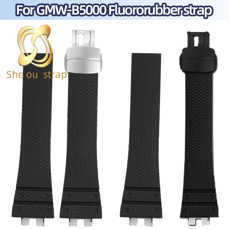 Waterproof And Sweat Fluororubber Watch Band For Casio GMW-B5000 Modify Concave-Convex joint Black Rubber Watchstrap