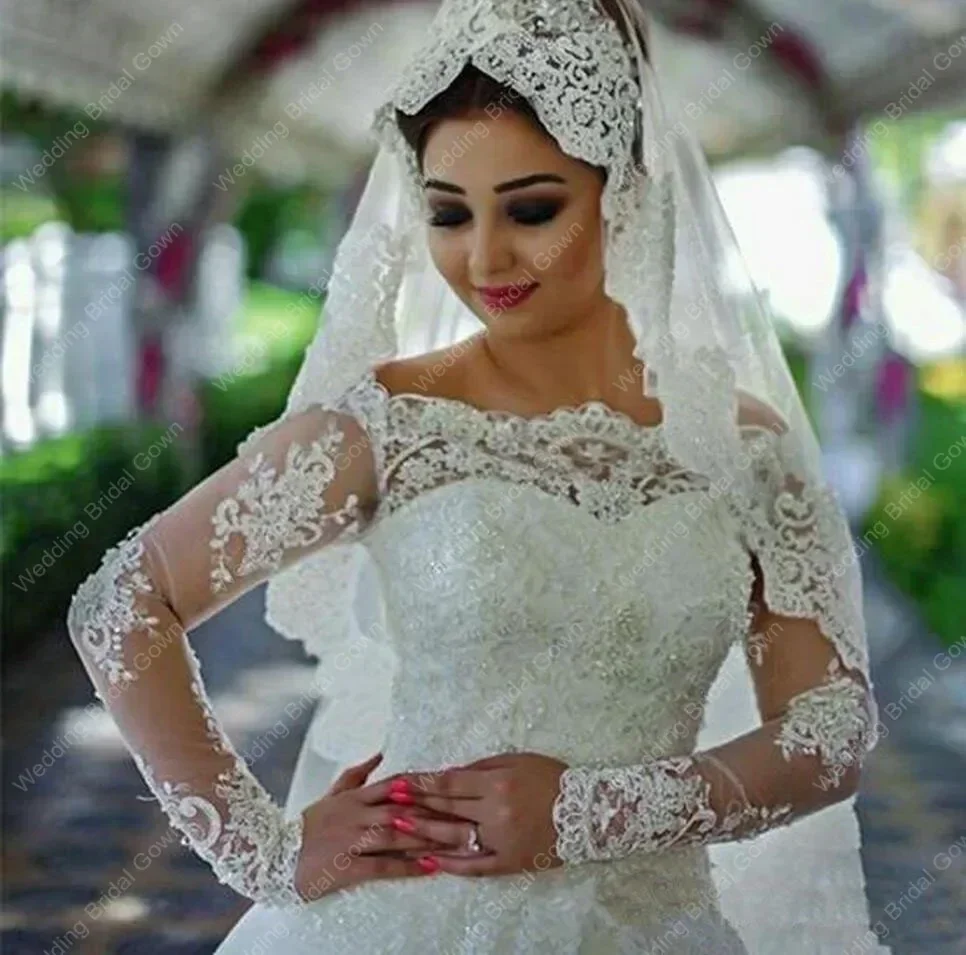 Maßgeschneiderte schulterfreie Applikationen, Spitze, 2024, transparente lange Ärmel, Brautkleid in Übergröße, Hofzug, Brautkleider, Vestidos