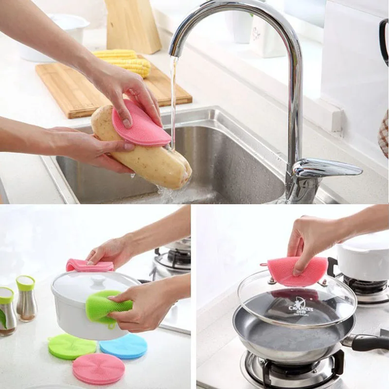 Silicone Cleaning Brush Kitchen Dishwashing Brush Fruit Vegetable Cleaning Brushes Pot Pan Sponge Scouring Pads Table Mat Tools