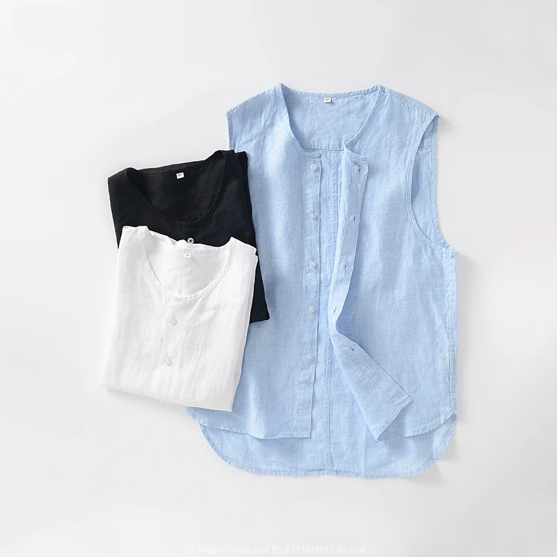 

036 Men's Summer Fashion Linen Vest Solid Color Sleeveless Single Breasted Stand Collar Simple Casual Loose Waistcoat Basic Tops