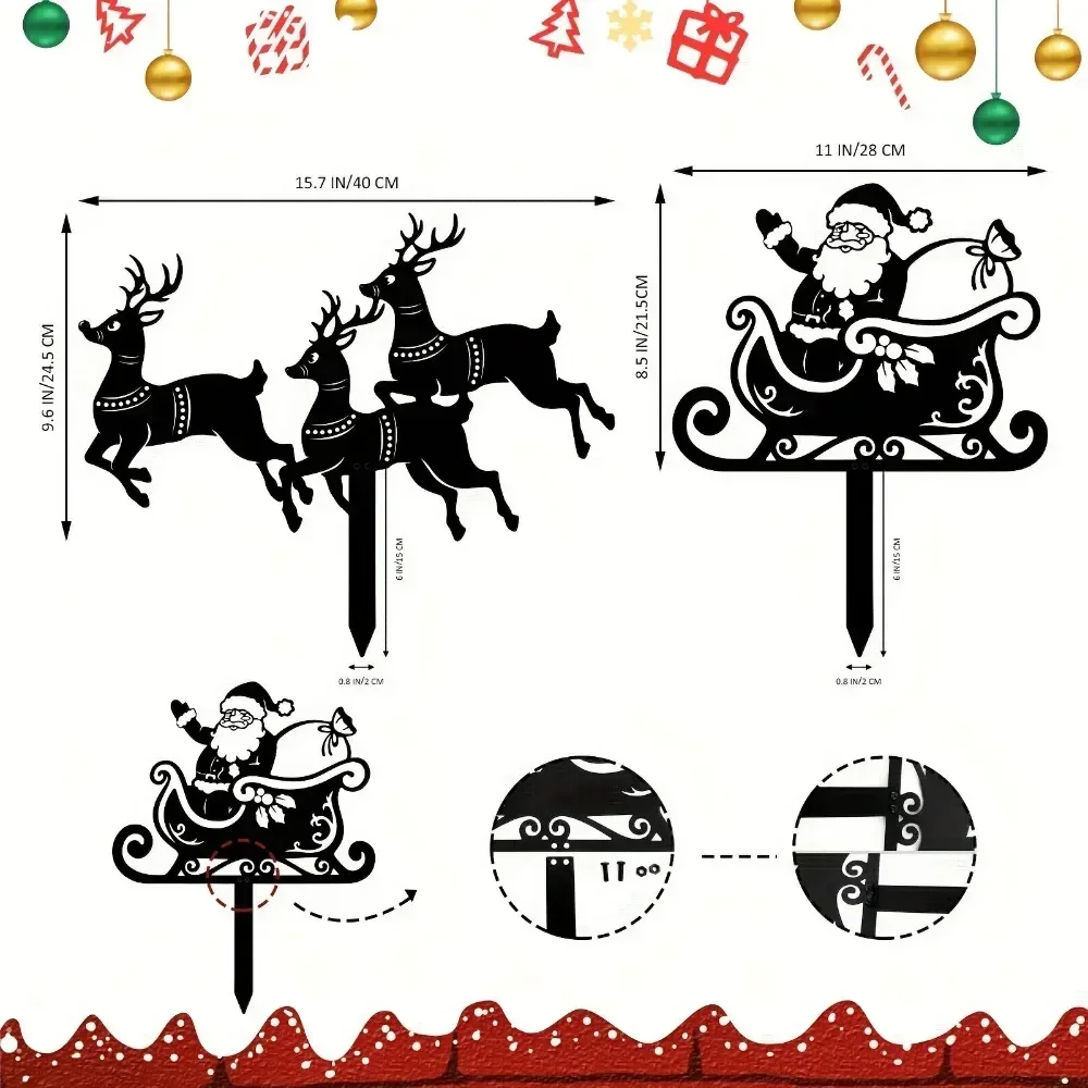 Gorgeous 2-Piece Outdoor Christmas Stake Set: Reindeer & Sleigh Silhouette for Yard. Festive Holiday Appeal