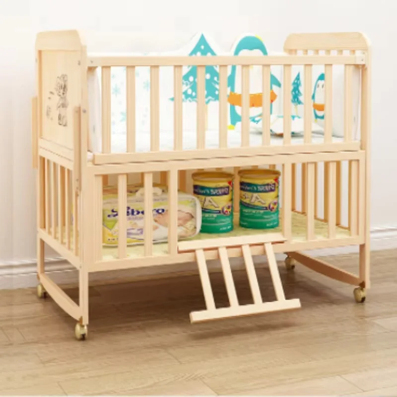 Multifunctional Baby Crib, Solid Wood Newborn BB Cradle Cot, Can Splicing Big Bed With Bedding sets