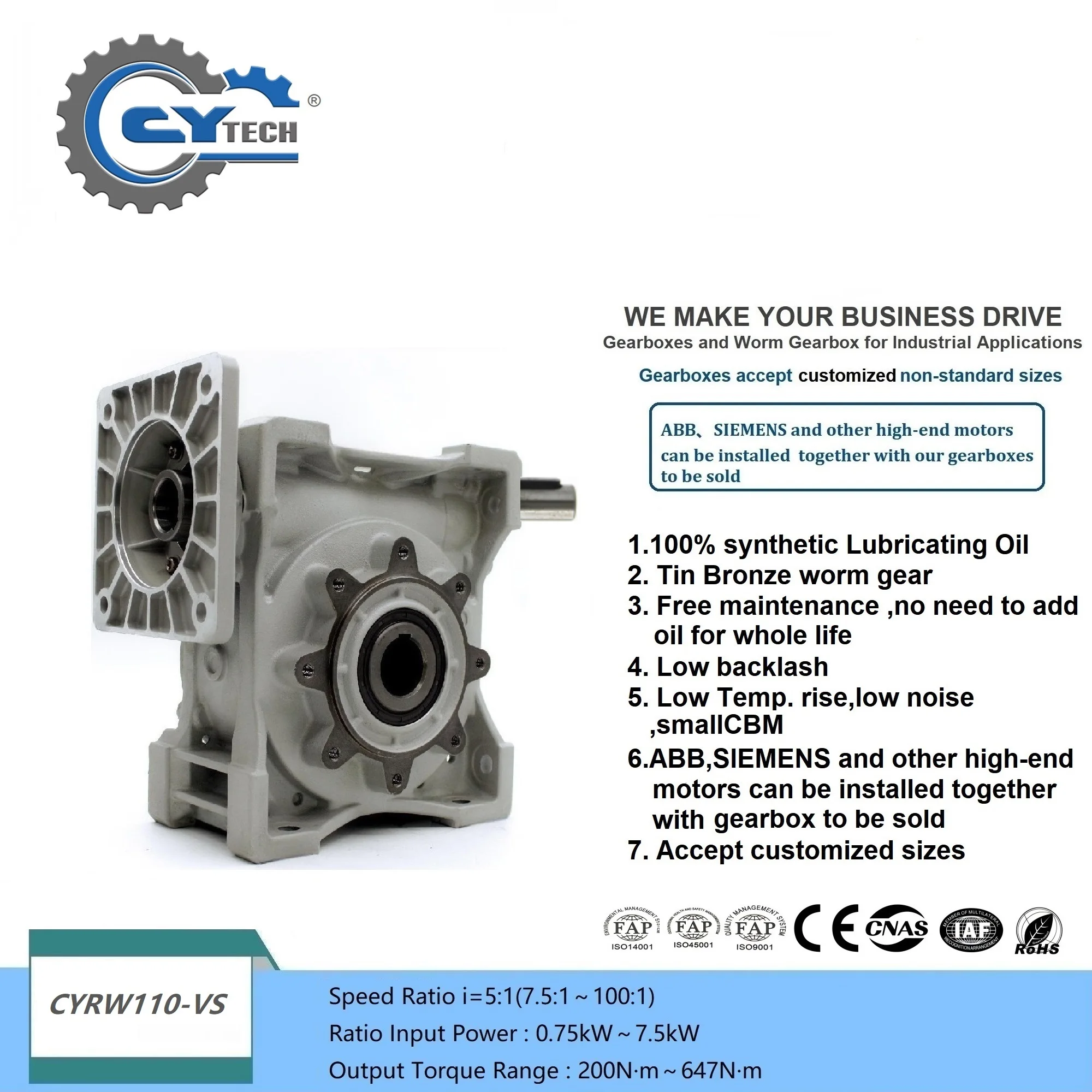 CHENYUE Worm Gearbox CYRW-VS 110 Gear reducer  Input 19/24/28/38mm FL 80B5/90B5/100B5/132B5 Output42mm Ratio 7.5-100