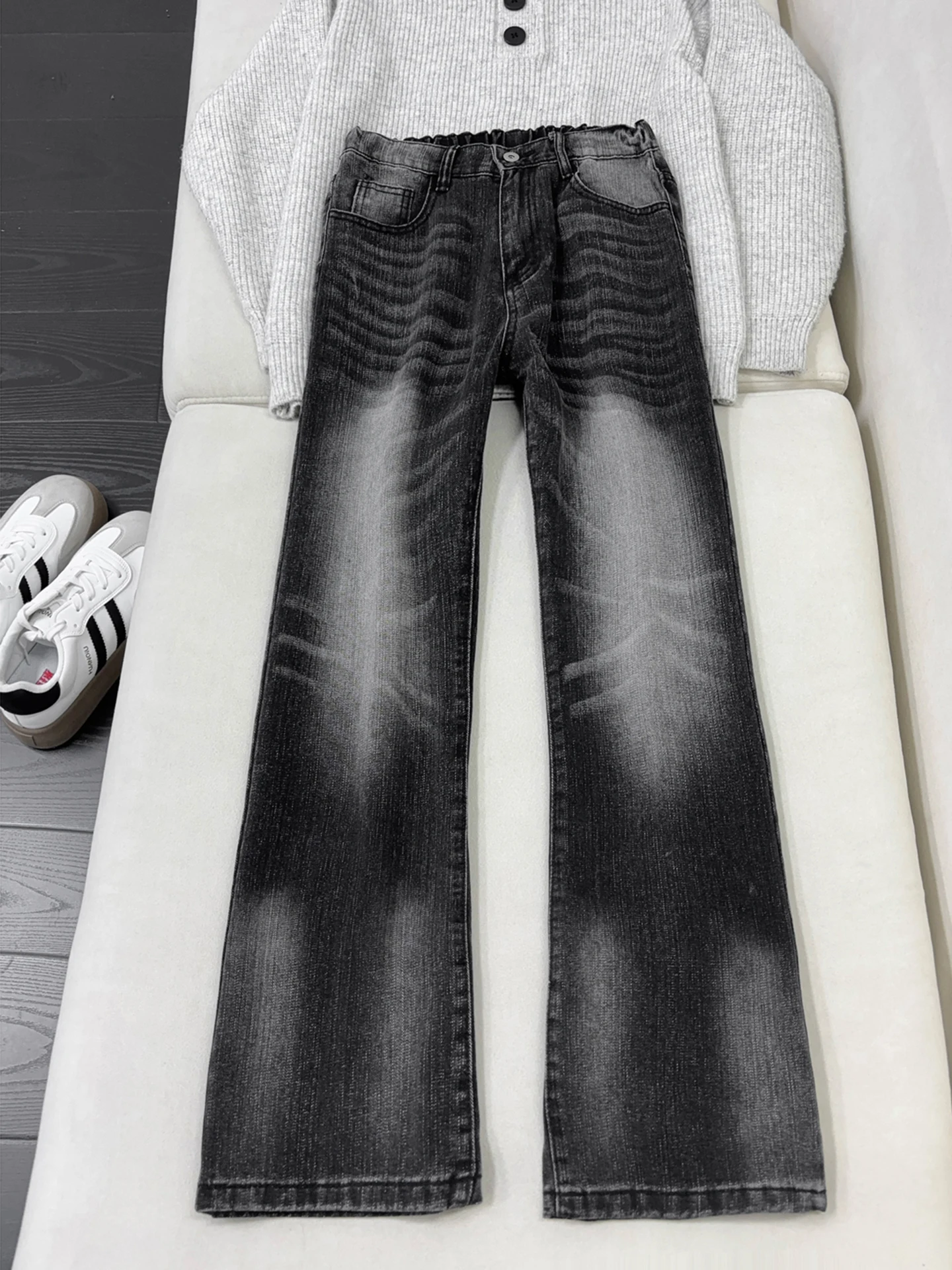 

Washed Black Gradient Bamboo Texture Men's Jeans Straight Leg Slimming Knife American High Street Style Casual Denim