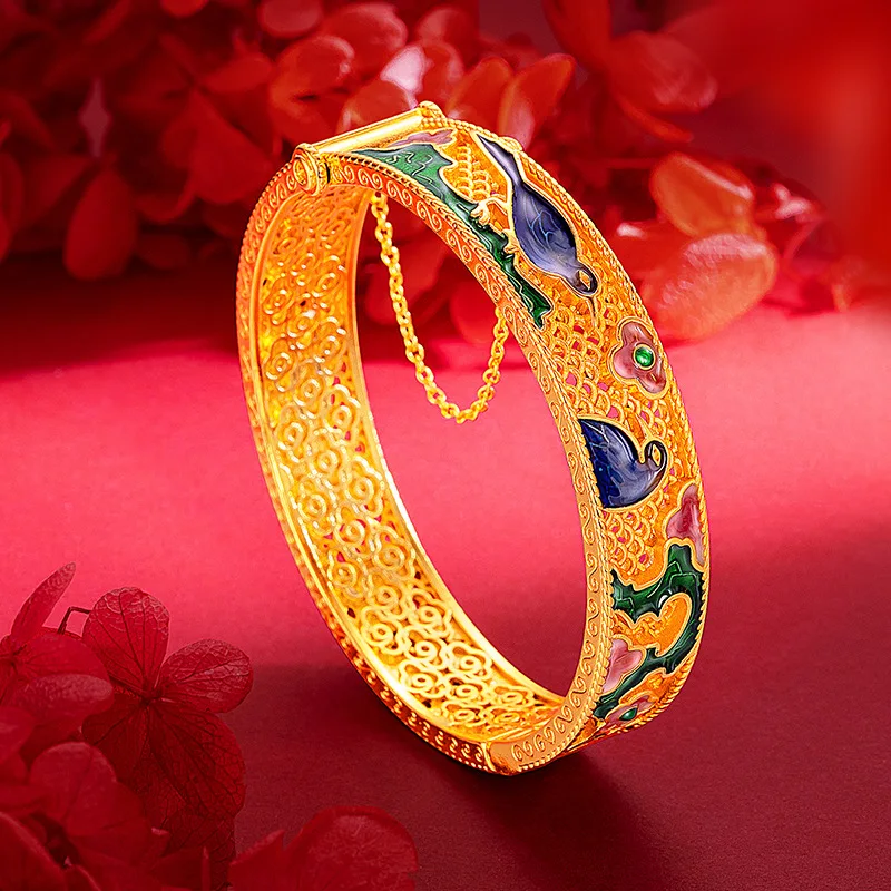 Palace 9999 24K real gold filigree enamel magpie bracelet for women burnt blue plum blossom opening delicate bracelet