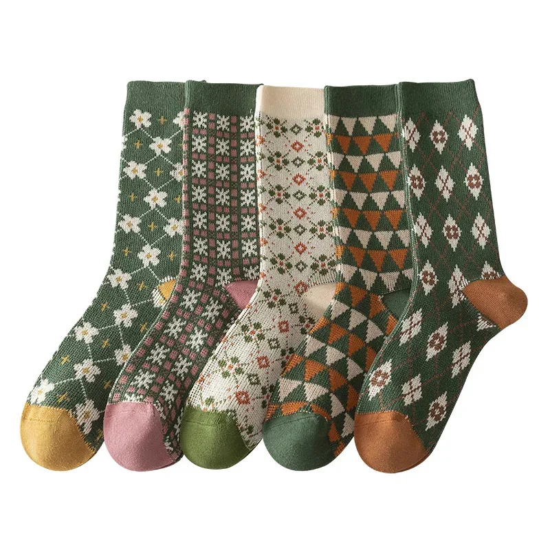 5 Pairs Women's Mid-Calf Socks with Print Fall Winter Long High Socks Casual Cotton Socks Christmas Gift High Quality