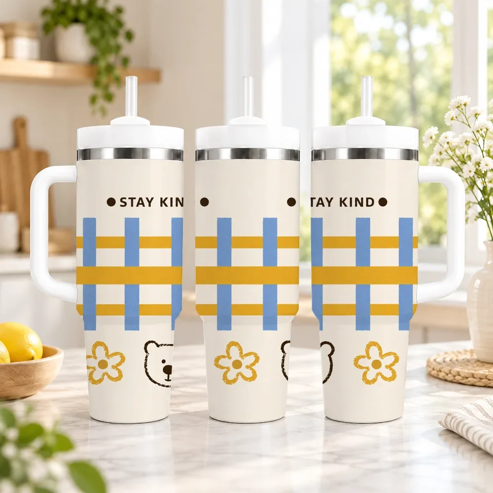Happy Words Kids Pattern Vacuum Flasks 40oz em Aco Inoxidavel com Alca e Canudo, Caneca de Viagem a Prova de Vazamentos